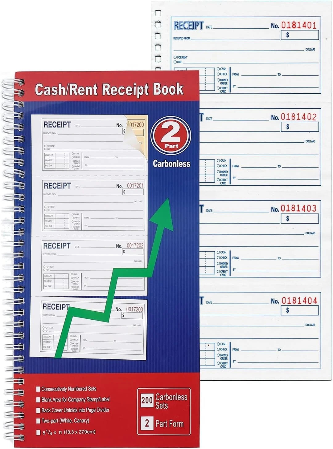 Cash Receipt Book, 200 Sets, 2-Part Carbonless, 5-1/4
