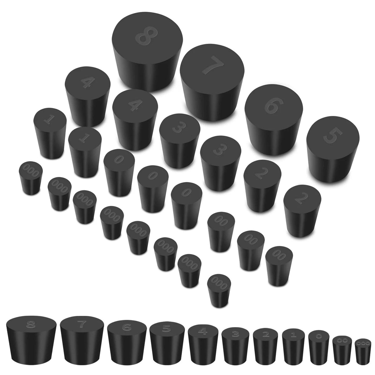 26 Pack Solid Rubber Stoppers - 11 Assorted Sizes Stopper Plugs, 000# - Black