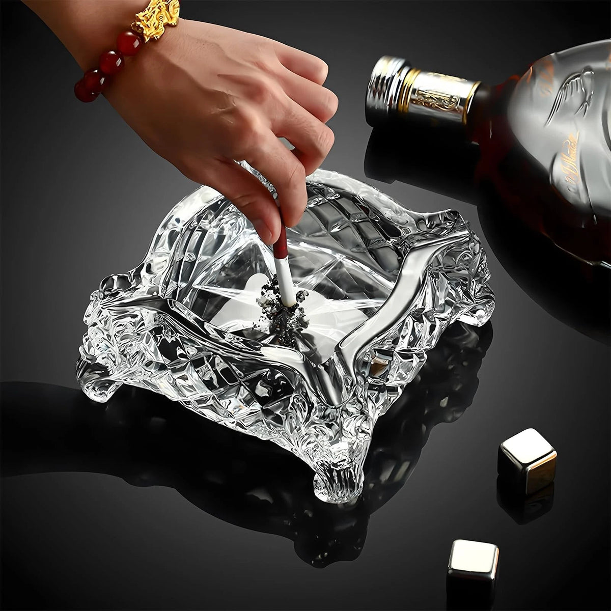 Vintage Cigar Ashtray Cut Glass Tobacciana Heavy Diamond Cut Art Glass