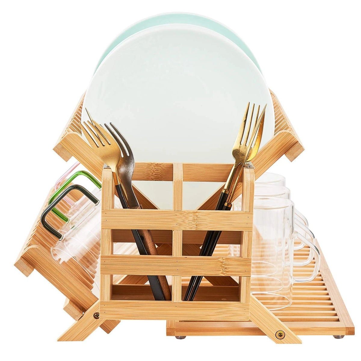 Dish Drying Rack 3 Tier Collapsible Dish Rack With Utensil Holder Wooden