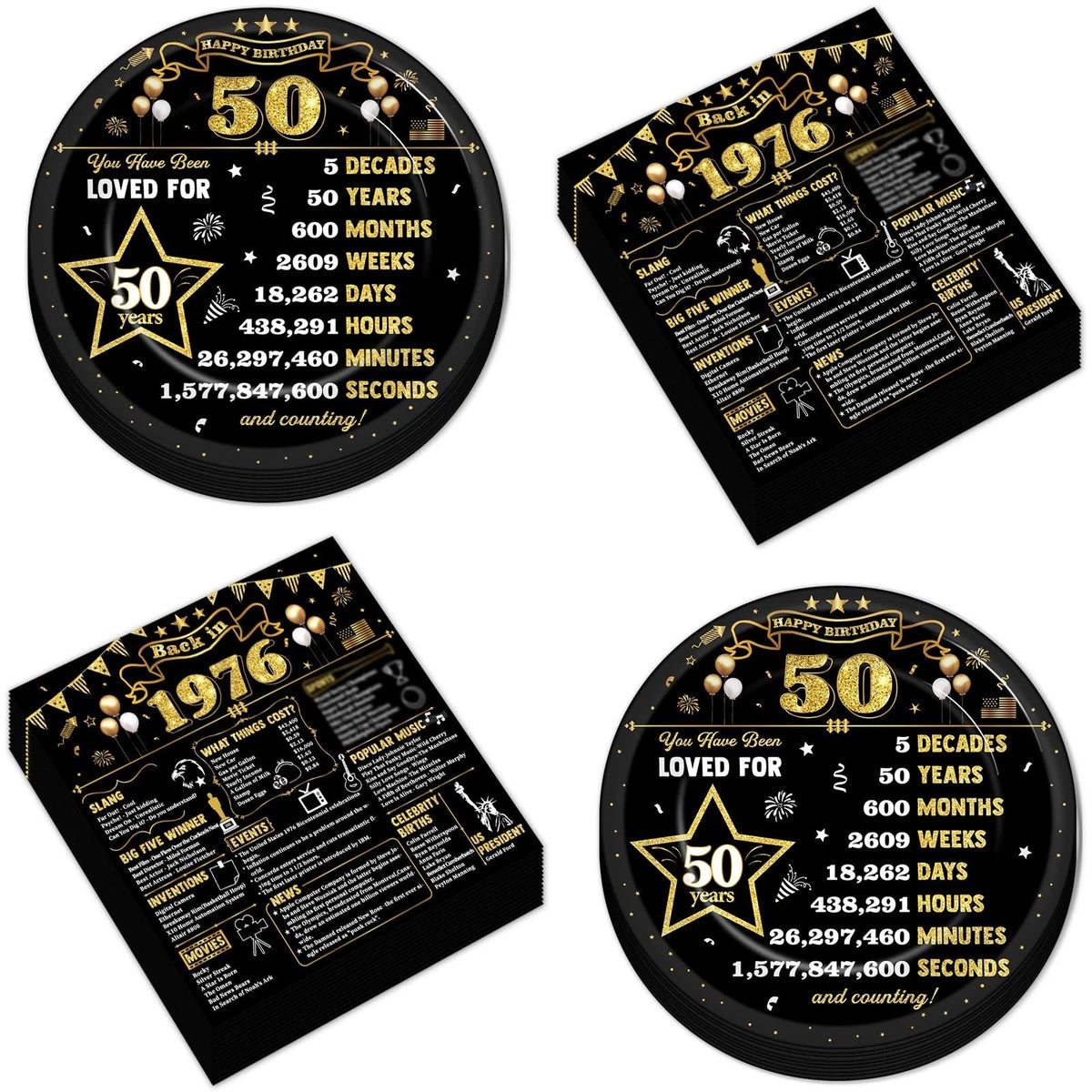 50Pcs 50th Birthday Plates and Napkins Back in 1976 Party Decorations Black Gold