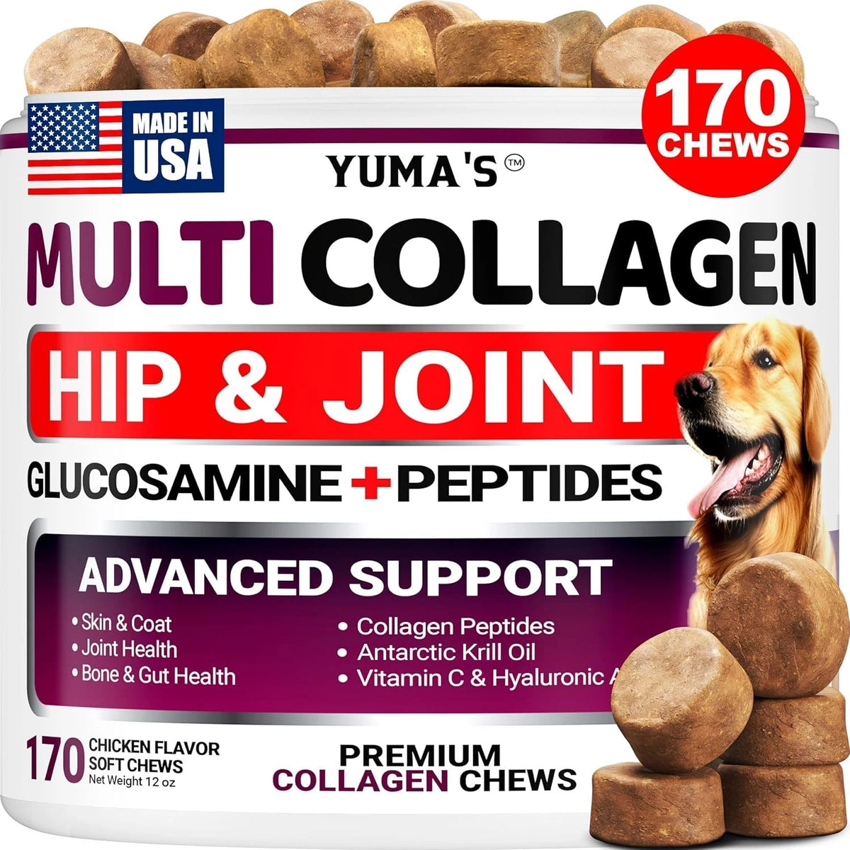 Collagen for Dogs Hip and Joint Supplement Skin and Coat 170 Soft Chews