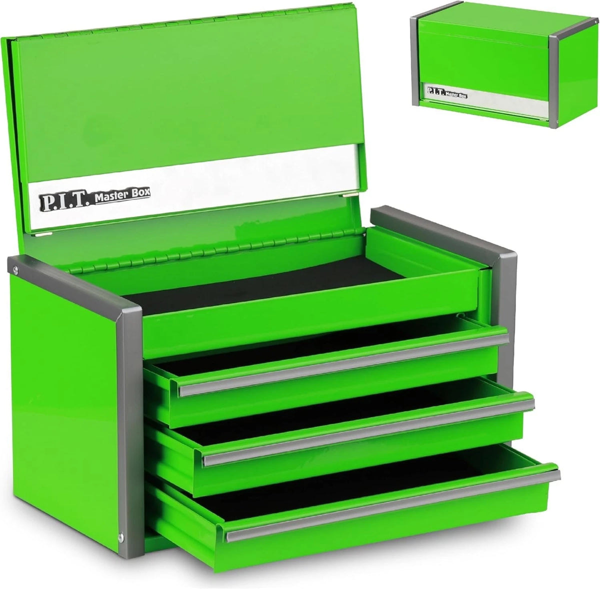 P.I.T. Mini Green Tool Box, Portable 3 Drawer Steel Stackable Tool Box with Magn