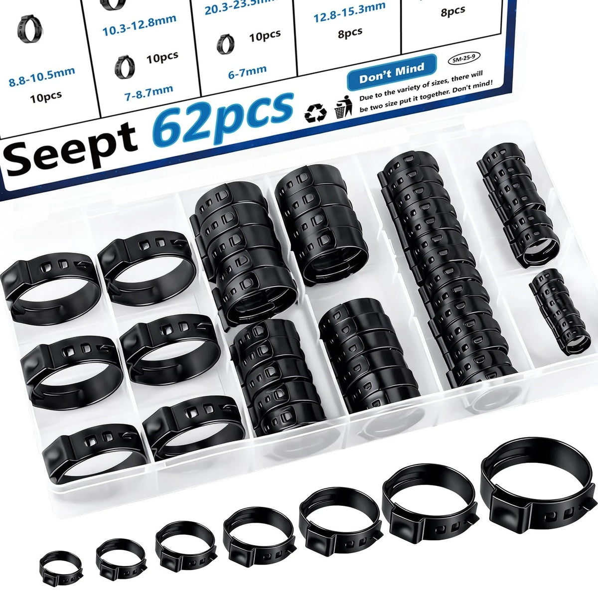 62Pcs 7 Sizes 304 Stainless Steel Black Single Ear Hose Clamps 623.5mm Crimp ...