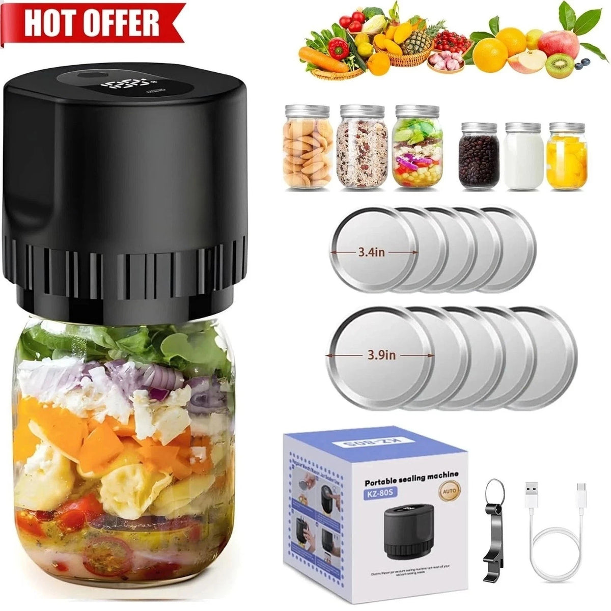 Electric Mason Jar Vacuum Sealer Kit for Wide & Regular Mason Genie Jar Black US