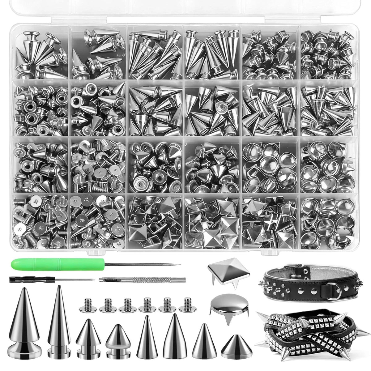 600 Sets Punk Spikes and Studs Kit, 10 Sizes Metal Tree Spikes Studs for Clothin
