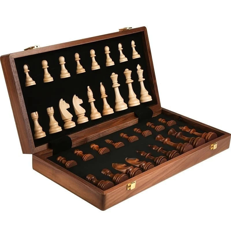 Folding 15in Walnut Chess Set Portable Travel Storage Board Game Adults Set, New