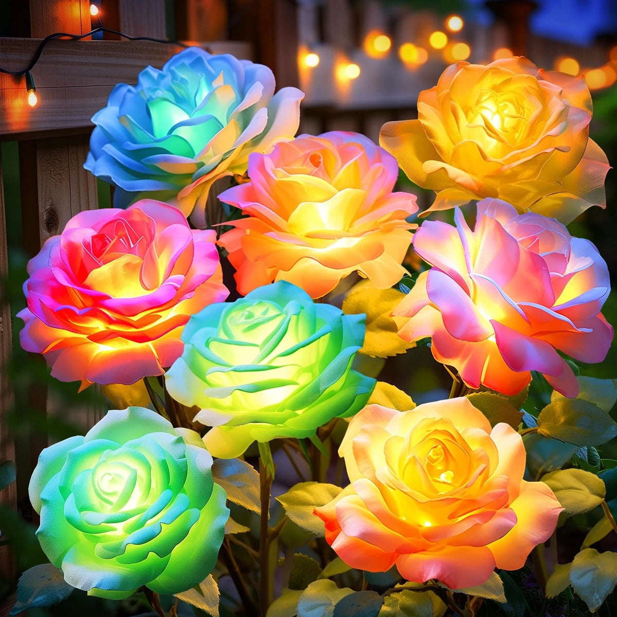 Solar Flower Lights Outdoor Waterproof: 4 Pack 7-Color Changing LED Rose Stake D