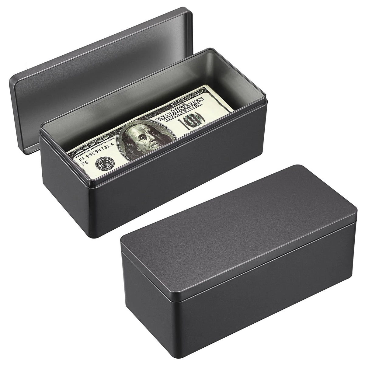 2 Packs Black Metal Cash Box Rectangular Money Organizer with Lid Currency Stora