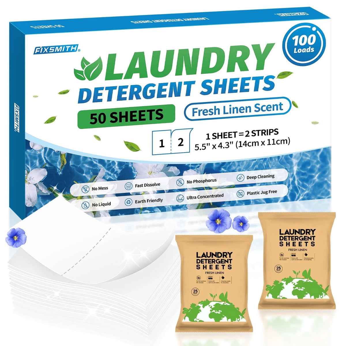 FIXSMITH Laundry Detergent Sheets - 100 Loads Fresh Linen Scent - 50 Sheets
