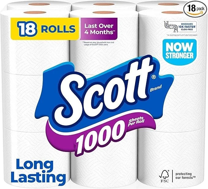 Scott 1000 Toilet Paper, 18 Rolls, Septic-Safe, 1-Ply Toilet Tissue