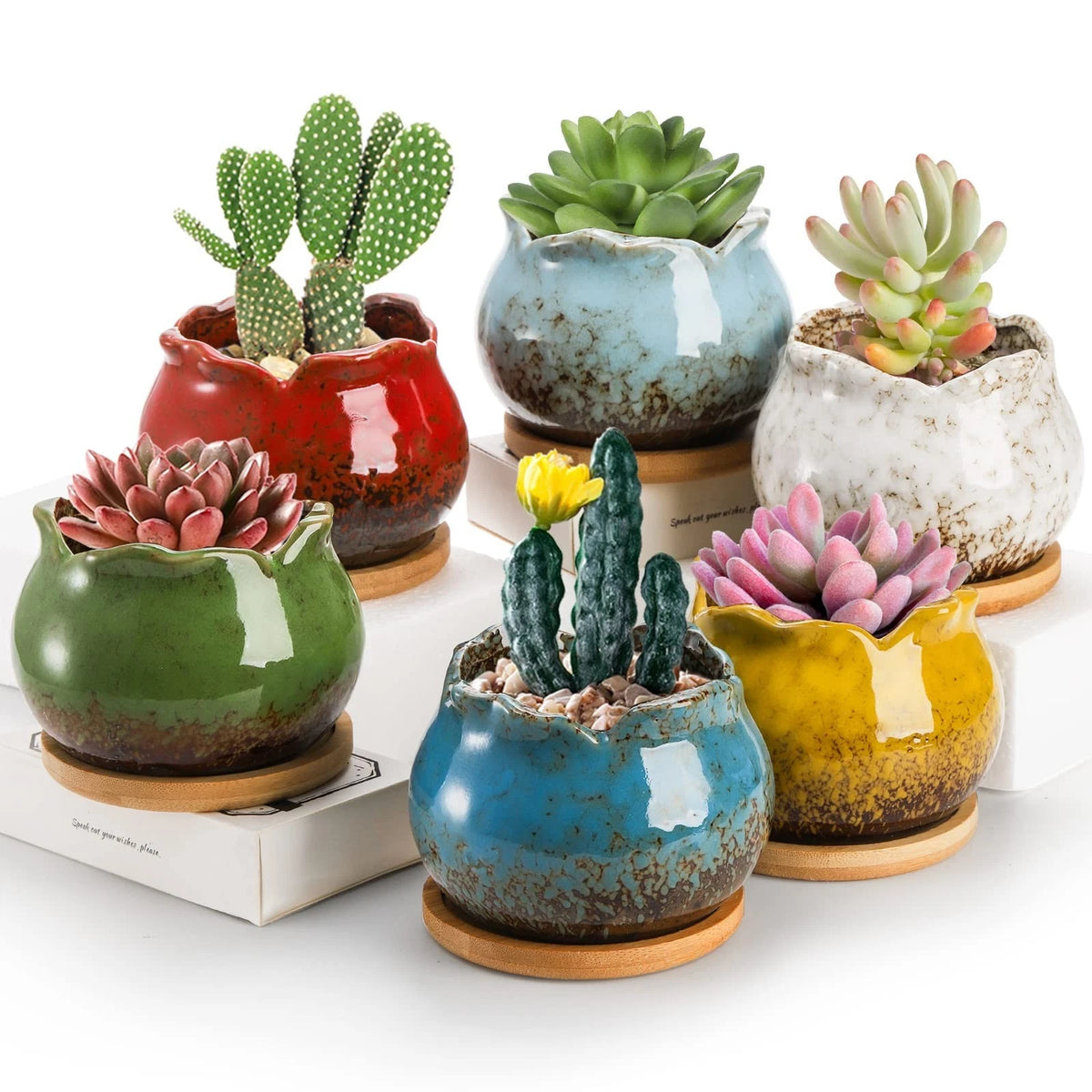 TOPZEA Set of 6 Succulent Plant Pots, 4 Inch Glazed Ceramic Pots with Drainag...