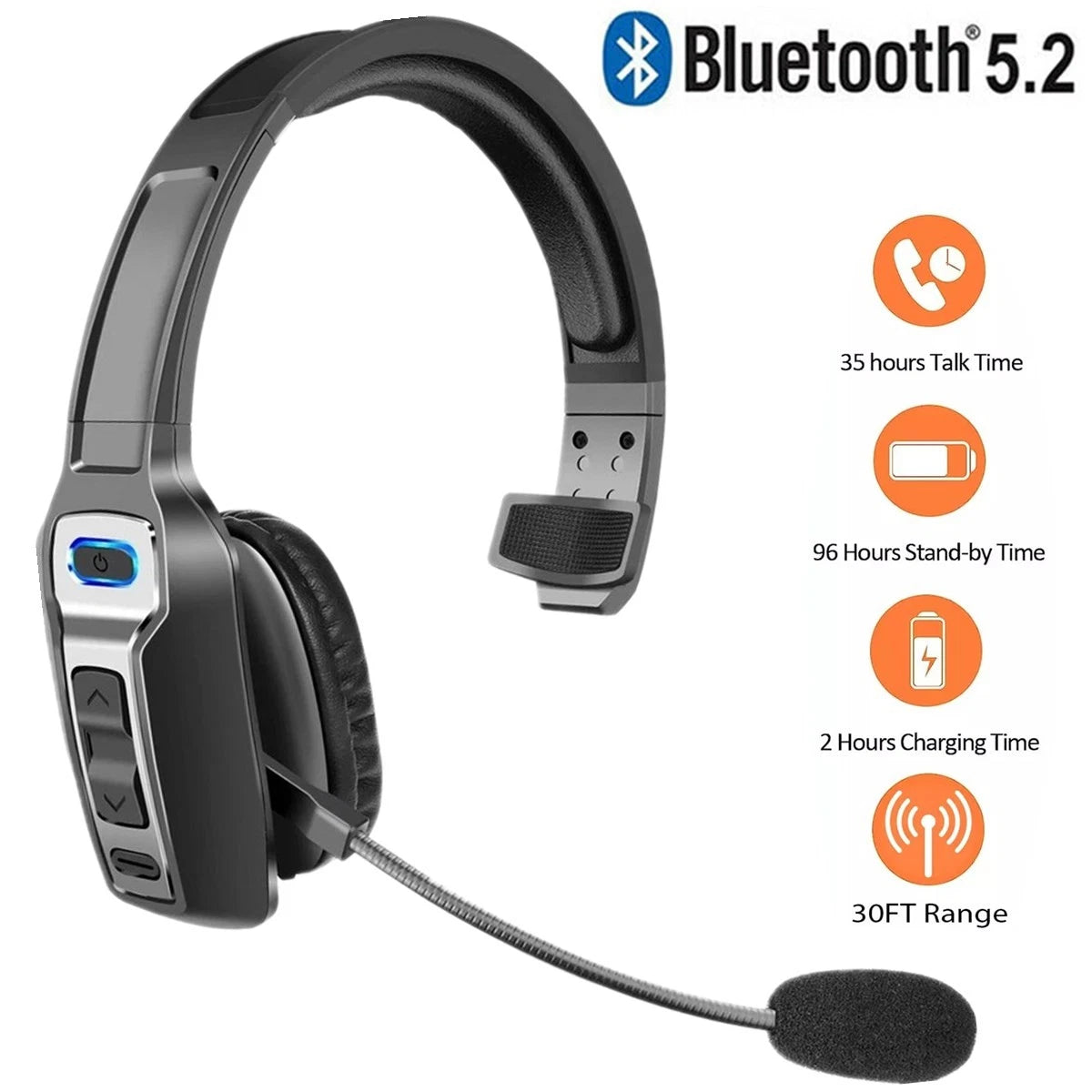 Trucker Headset Wireless Bluetooth 5.2 AI Noise Cancelling Mic Audio Phones PC