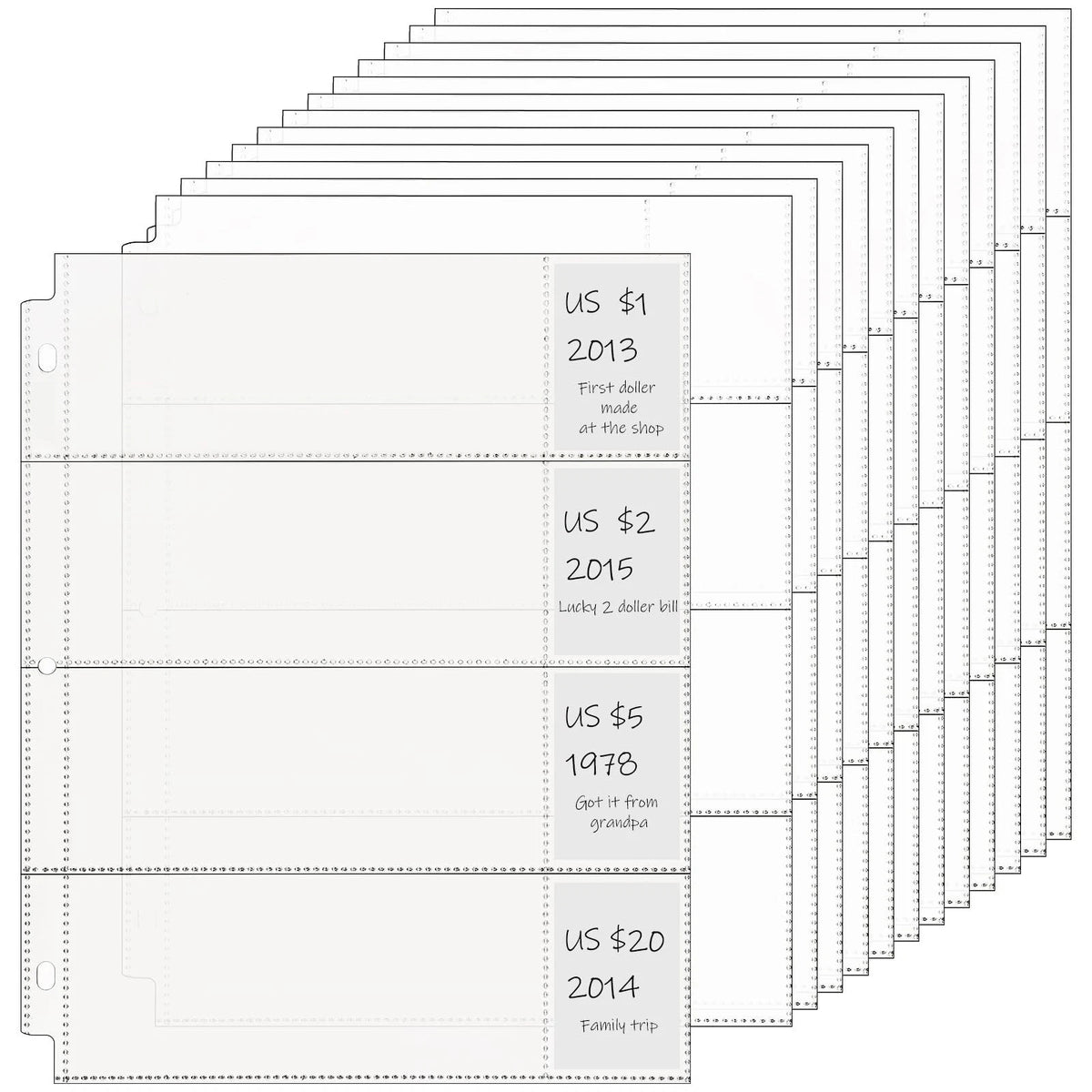 24 Pcs 4 Pocket Sleeves for 3 Ring Money Binder Clear Album Dollar Bill Sleeve