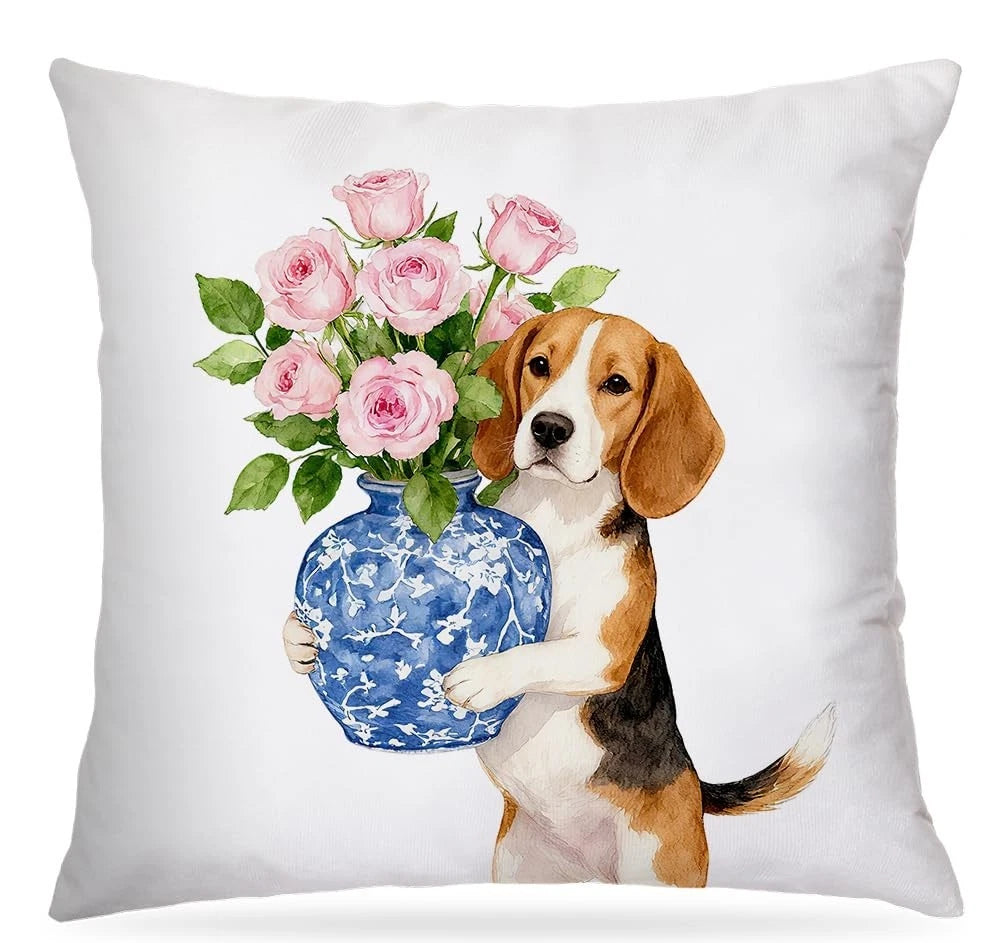 Blue Chinoiserie Rose Beagle Pillow Covers 18x18, Beagle Dog Pillow Cover -J