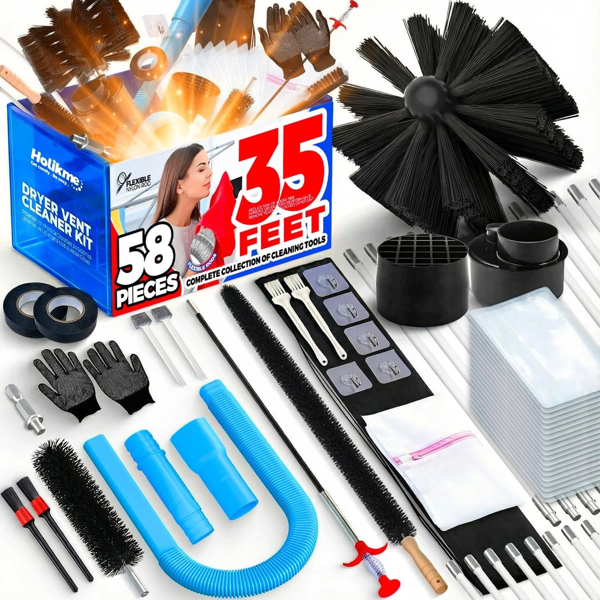 58 Pieces 35 Feet Dryer Vent Cleaner Kit, Dryer Cleaning Tools, Include Dryer Ve
