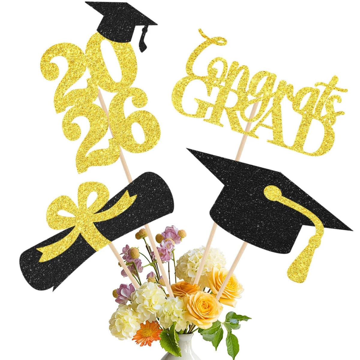 Graduation Decorations Class of 2026 Centerpieces for Tables, 16 PCS Gold and