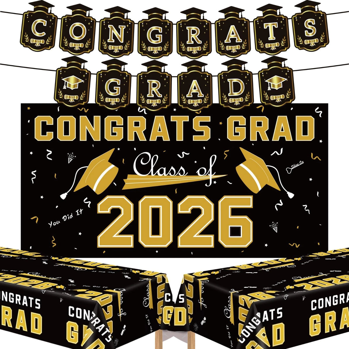 Graduation Decorations 2026 Black Gold Congrats Grad Banner Backdrop Tablecl...