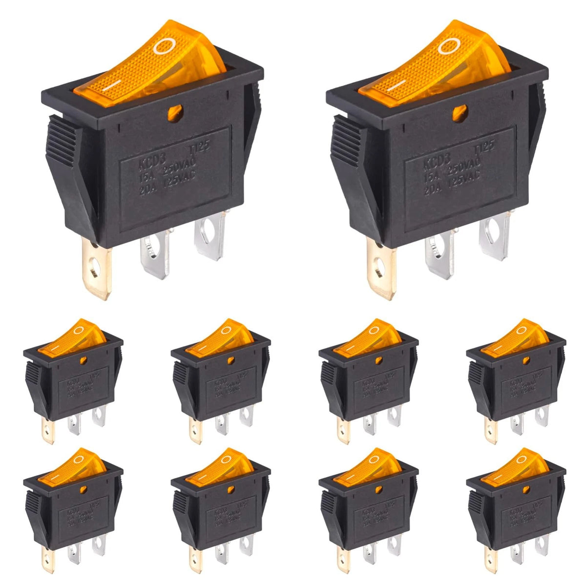 10pcs Lighted KCD3 Rocker Switch On Off 3 Pin 2 Position Yellow Light Boat Ro...