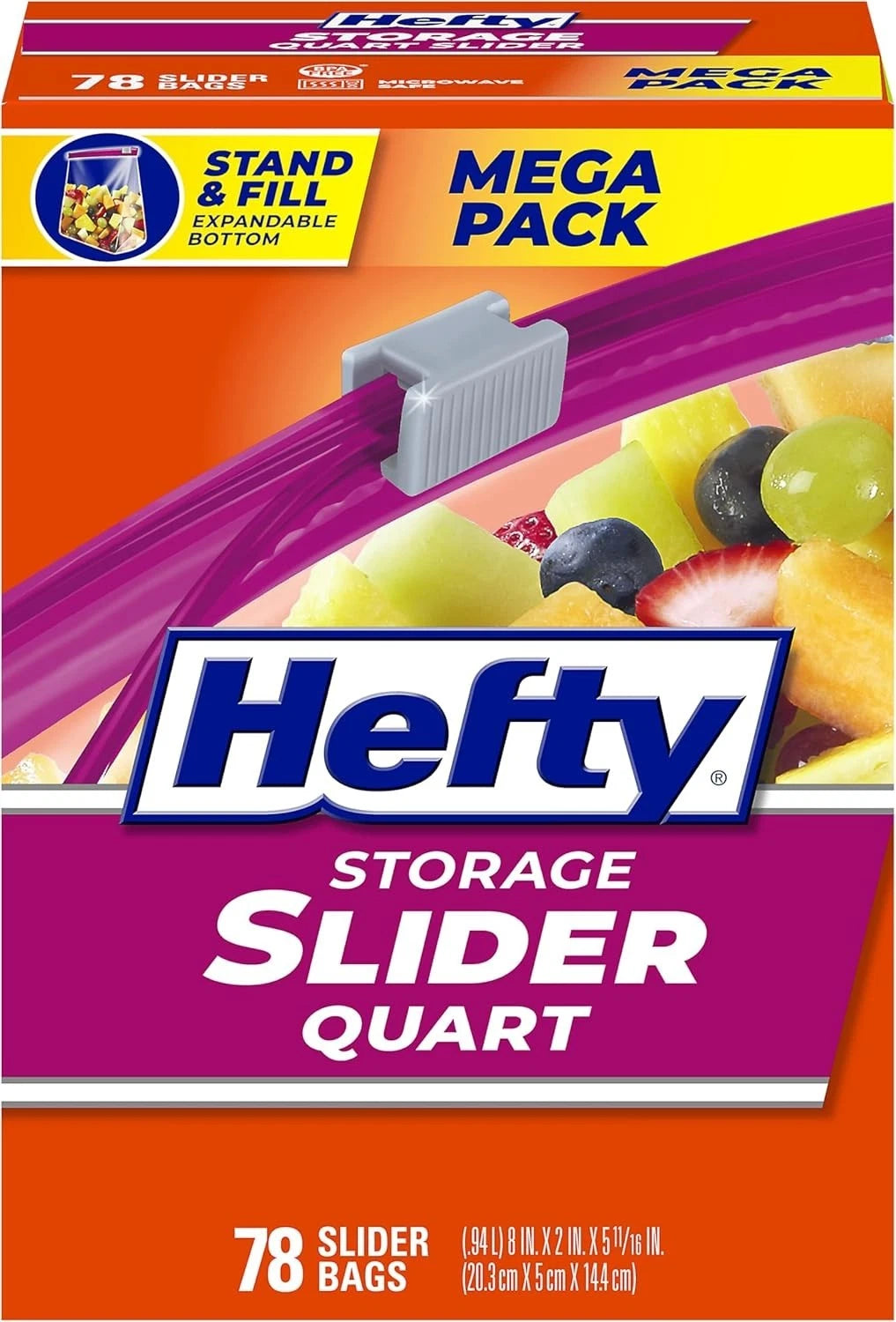Mega Pack Hefty Slider Storage Bags Expandable Bottom, Quart Size, 78 Count