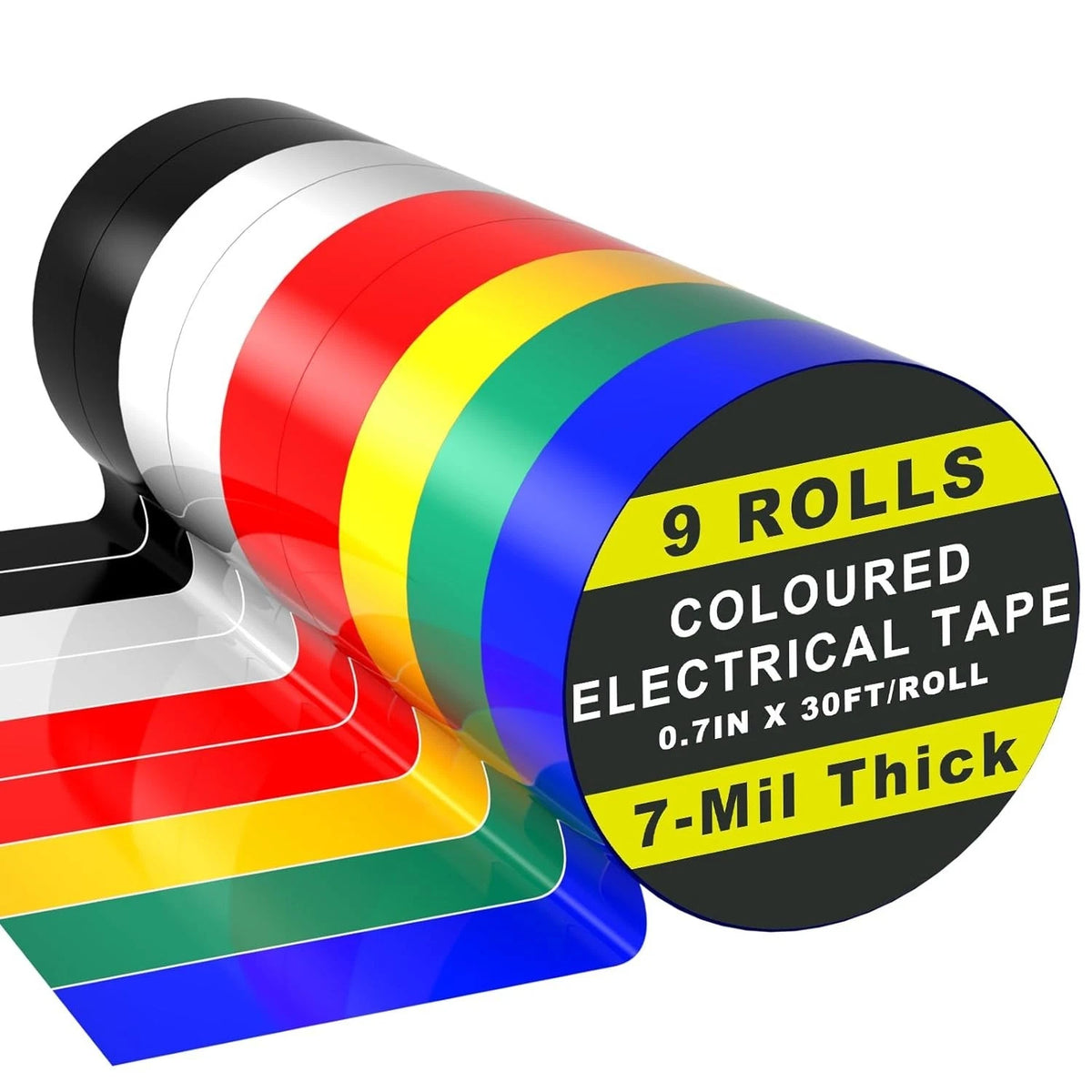 9 Rolls Coloured Electrical Tape - Professional White Black Red Multicolor