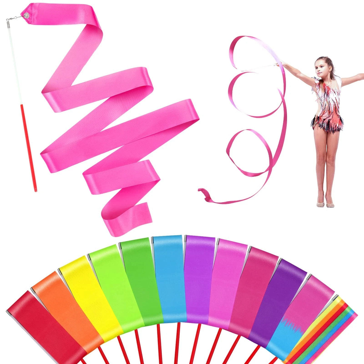 12PCS Rainbow Dance Wands Ribbon Streamers for Kids Gymnastics Rhythmic Danci...