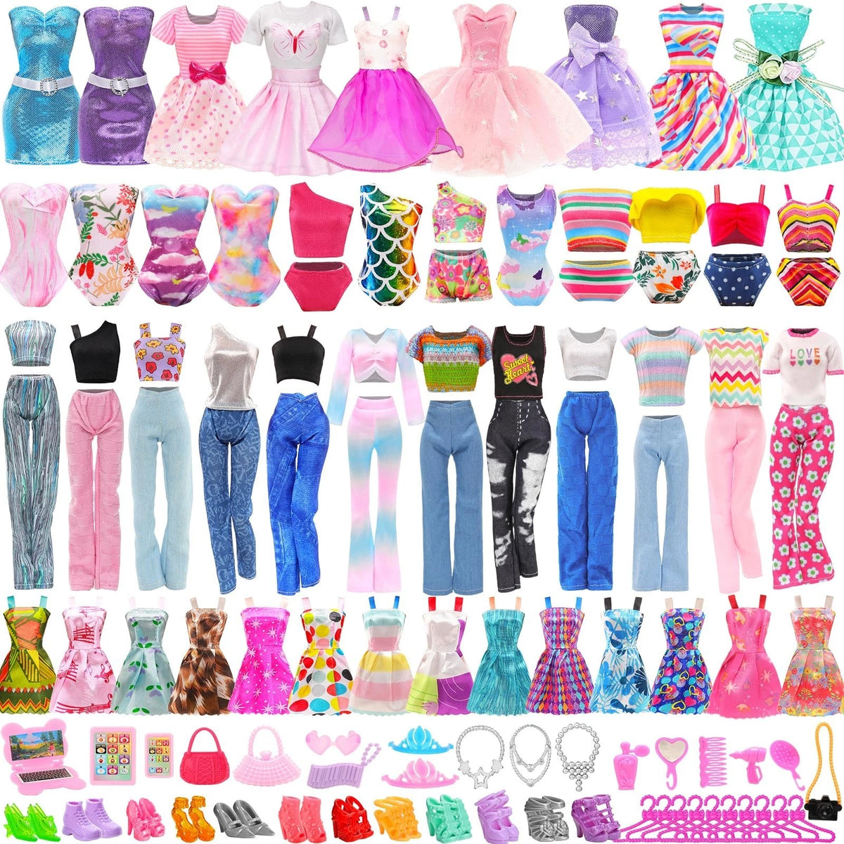 51 PCS Doll Clothes and Accessories Including Fashion Dresses, Tops and P