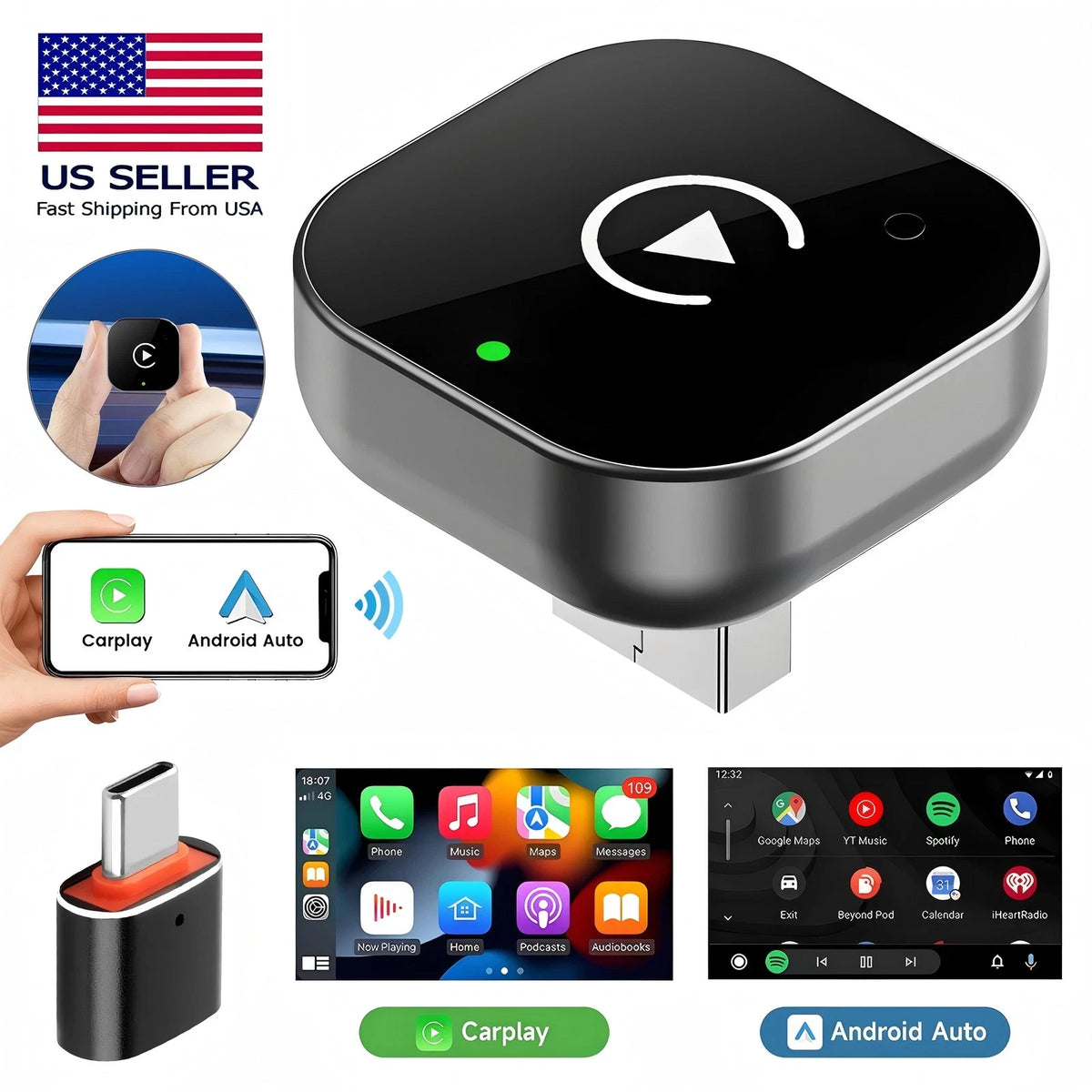 Wireless CarPlay Android Auto USB Adapter Plug & Play for Apple iPhone Vehicles
