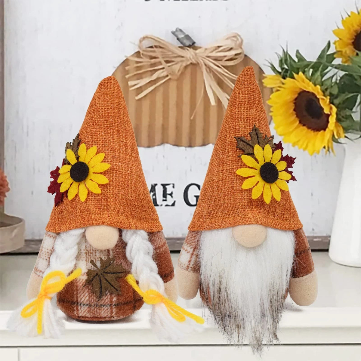 Vytina 2 PCS Autumn Gnomes Fall Decoration 6.7 inches, Maple Sunflower