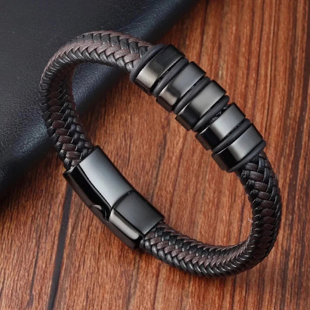 Men's Fashion Leather Wrap Braided Bracelet Bangle Titanium Steel Magnetic Clasp