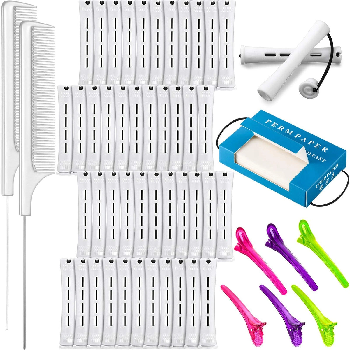 Hair Styling Kit: 48 Hair Perm Rods Plastic Cold Wave Rods, 2 Steel Pintail Comb