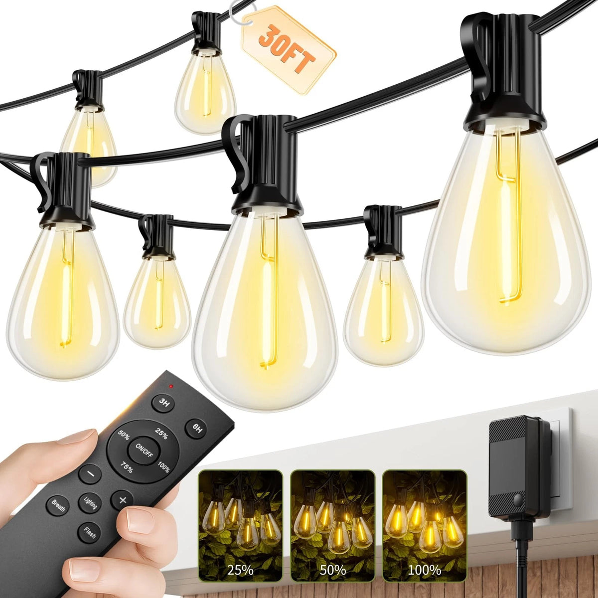 30FT LED Outdoor String Lights with Remote, One Continuous Strand Patio Lights w