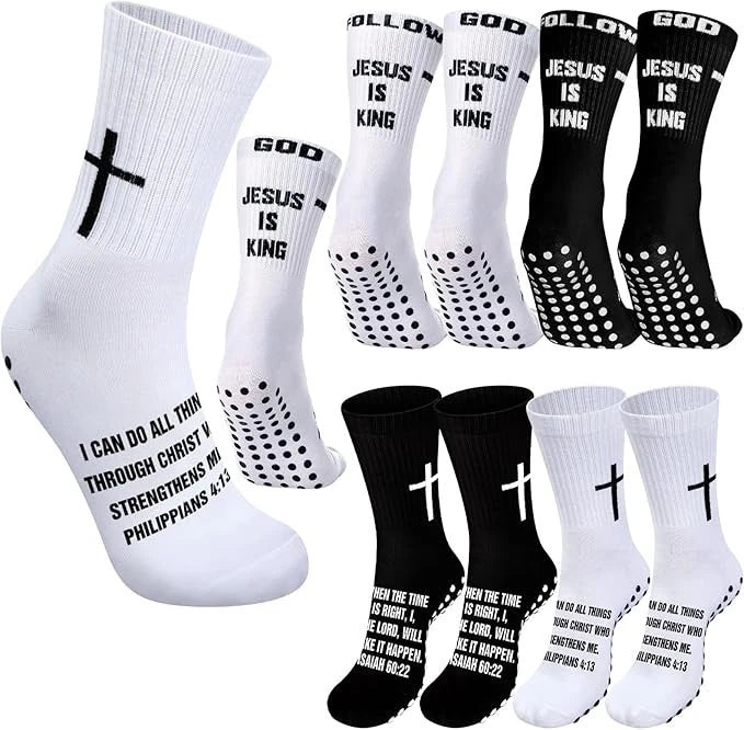 Jamntower 4 Pairs Cross Grip Soccer Socks with Bible Verse Anti Slip Religious