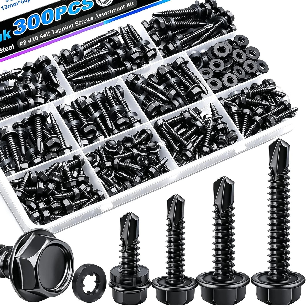300PCS #8#10 Self Tapping Screws,410 Stainless Steel Self Drilling Screws,Bla