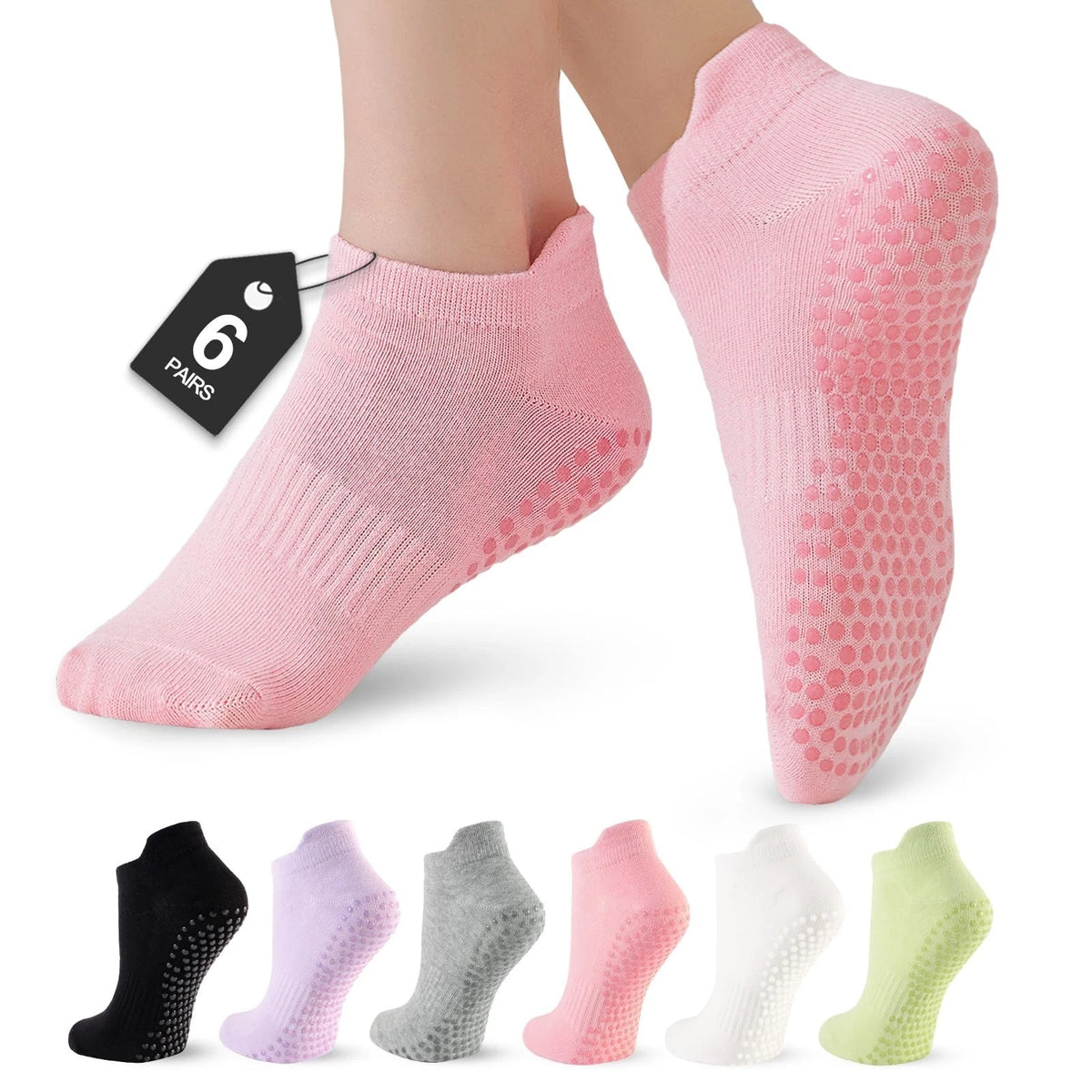 6 Pairs Women's Yoga Socks with Grippers, Anti-Slip Pilates Dance Socks New