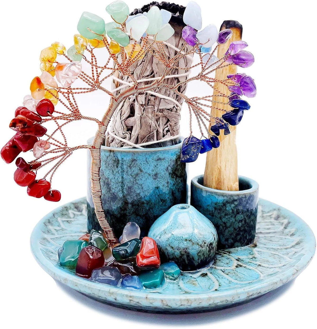 5 in 1 Incense Burner Holder with Crystal Healing Tree, Palo Santo Holder, Sage