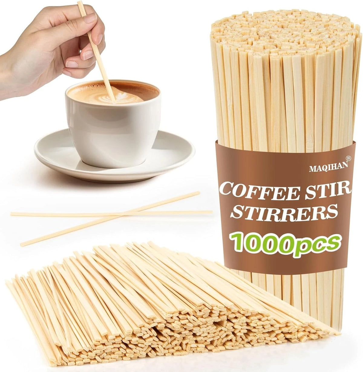 MAQIHAN 1000Pcs Sip Stirrers - Bamboo Coffee Stir Sticks Disposable Hot Drink Be