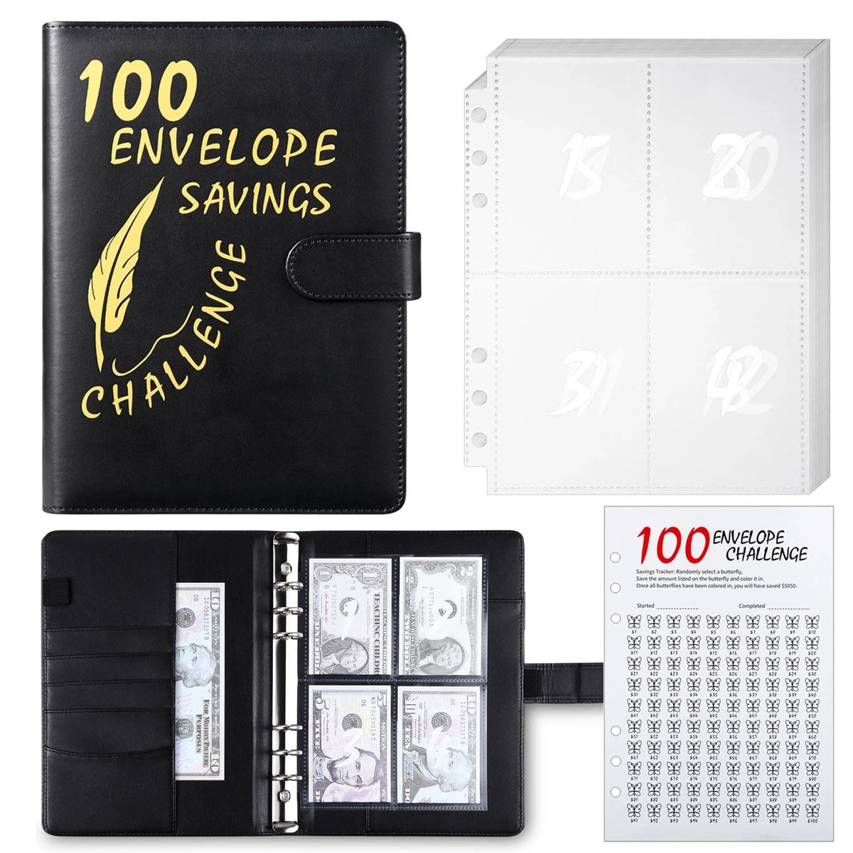 100 Envelope Challenge Binder Budget Planner Savings Tracker Reusable Black