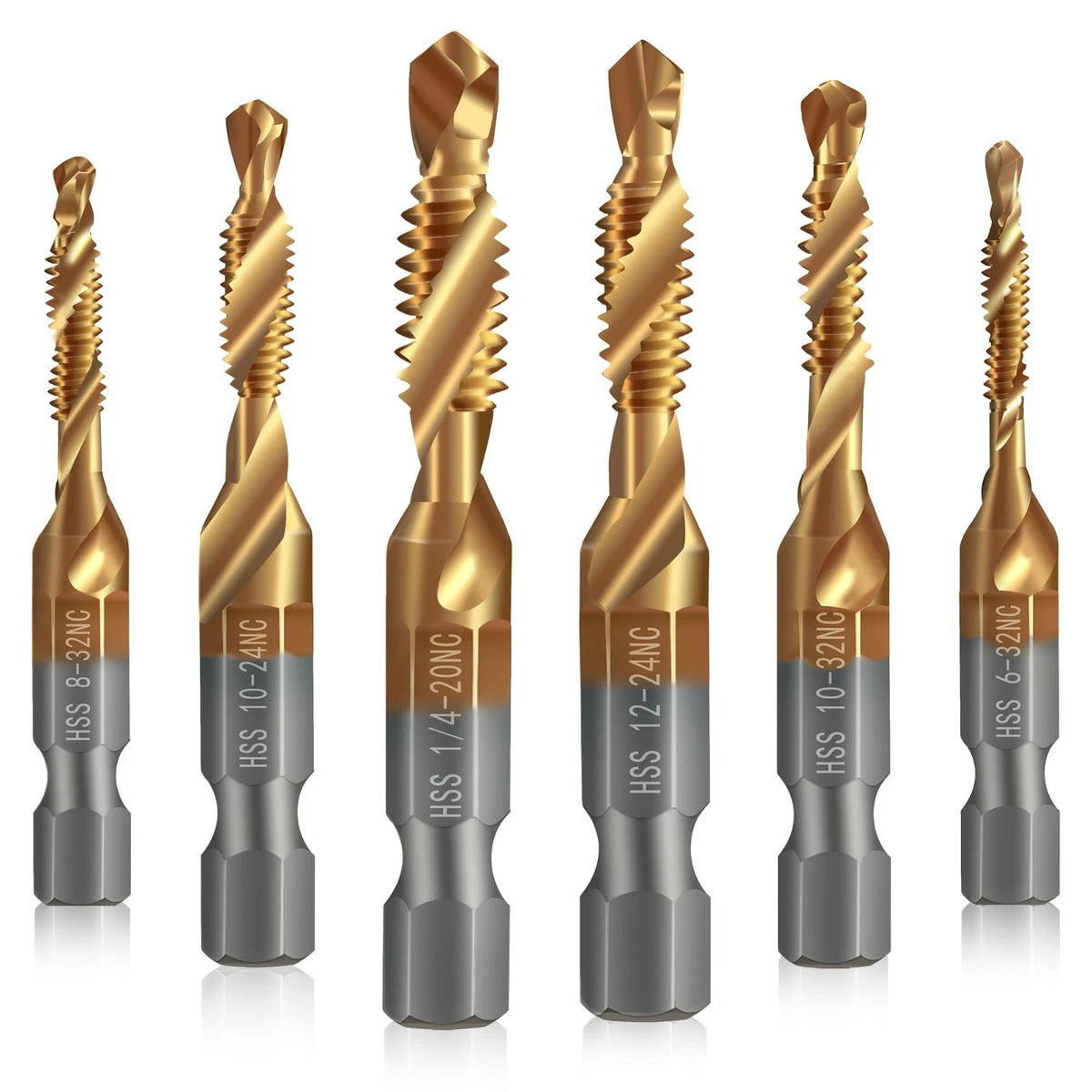 6 Pack Combination Drill and Tap Set, HSS Titanium Thread Taps 6-32Nc to 1/4-20N