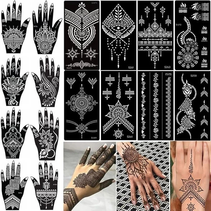 16 Sheets Temporary Henna Tattoo Kit, Reusable Tattoo Stencils Sets Indian Arabi