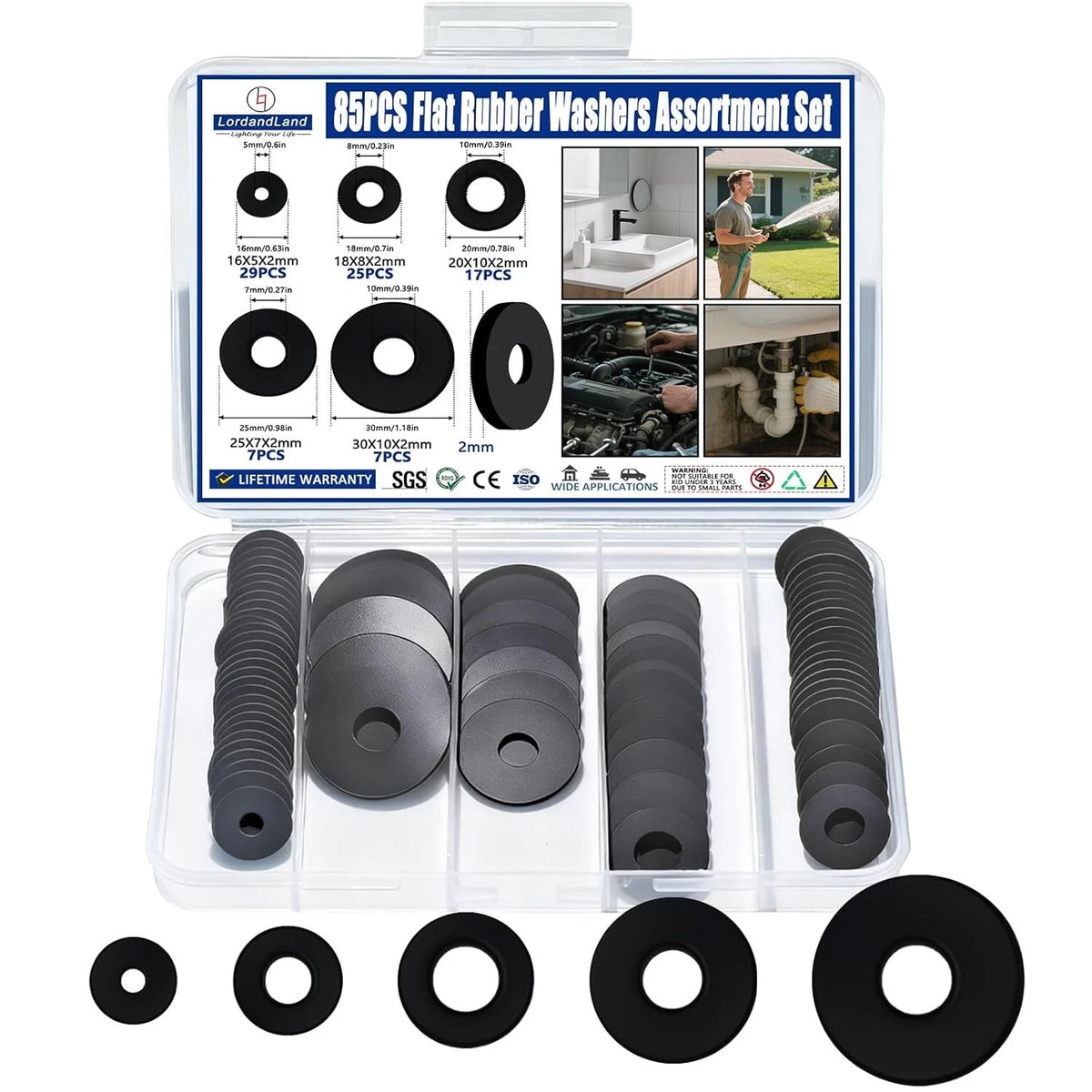 85Pcs Flat Rubber Washers Assortment Kit,16/18/20/25/30Mm Black Washer,Vibration