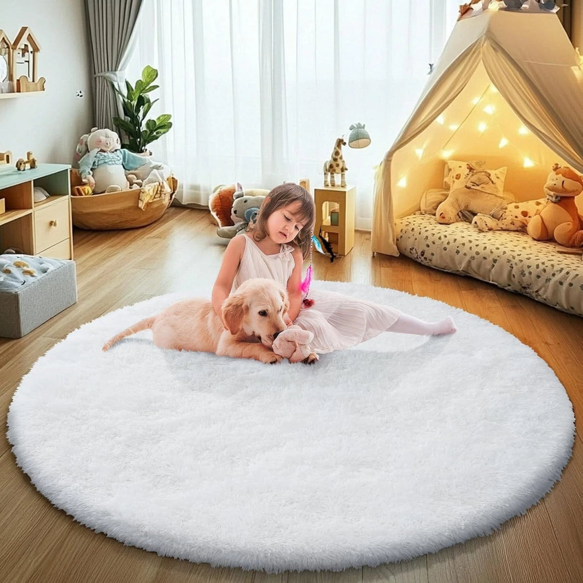 White Fluffy Round Area Rugs for Bedroom,3'X3'Shag Circle Area Rugs for Girls...