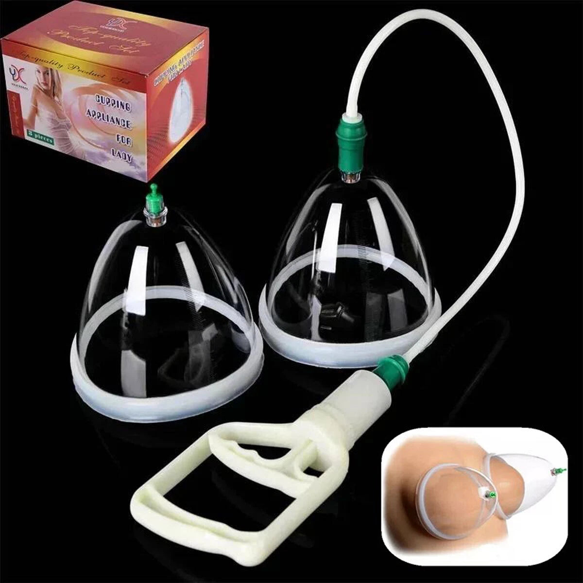 Breast Buttocks Enlarger Vacuum Pump Massager Dual Cup Kits Natural Enhancement