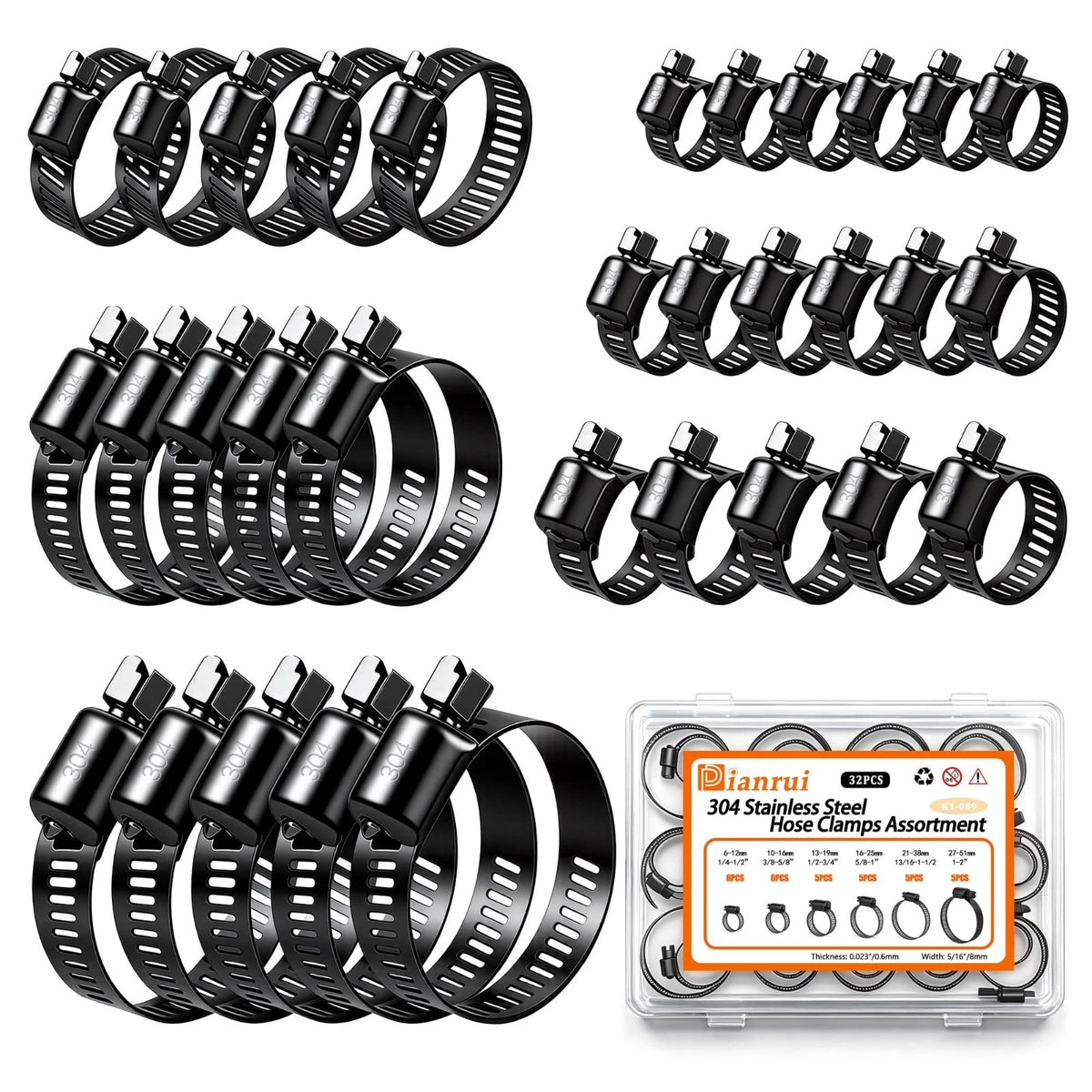 32 PCS Black Hose Clamps Assortment Kit 1/4