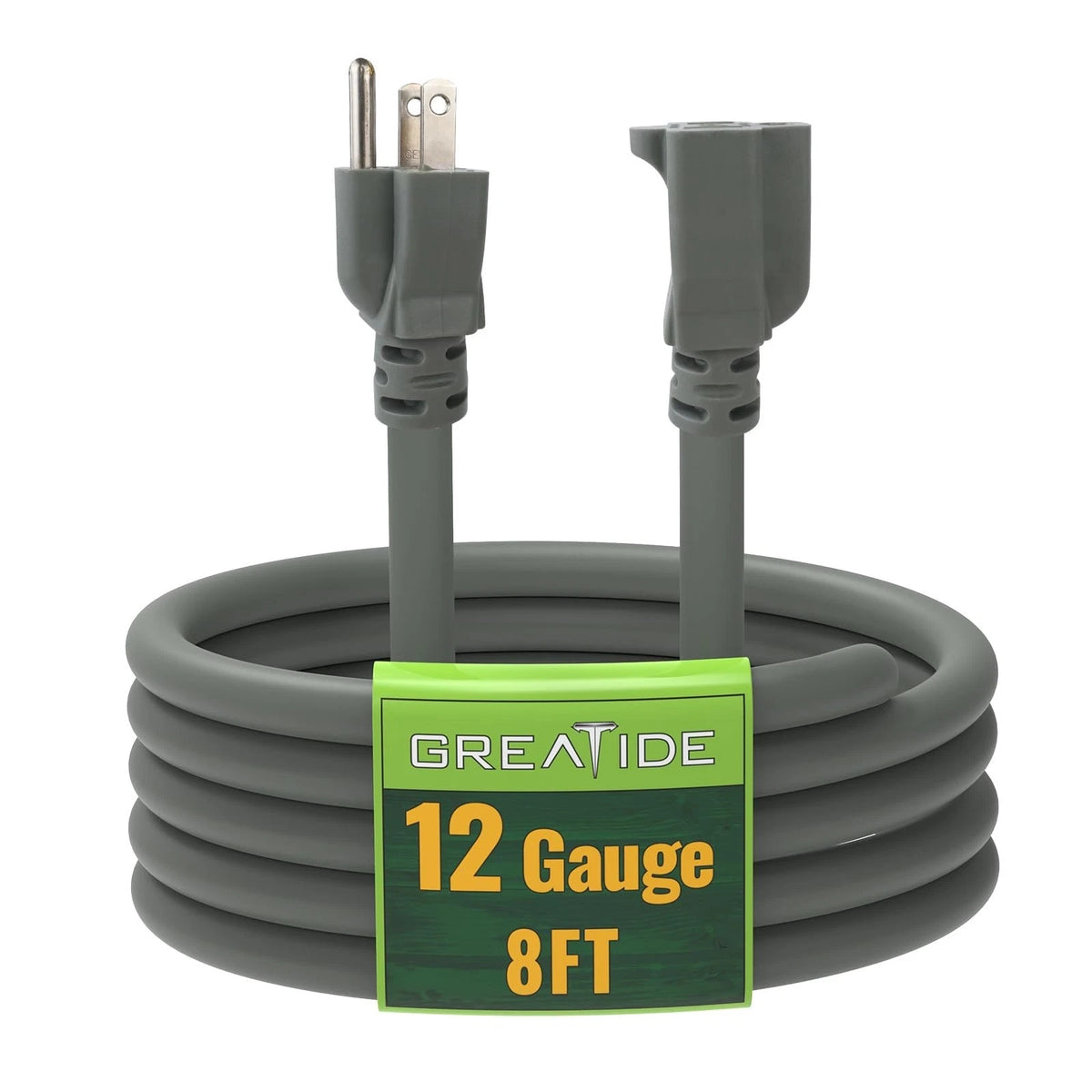 8 Ft Outdoor Extension Cord - 12/3 SJTW Heavy Duty Grey Extension Cable with 3 P