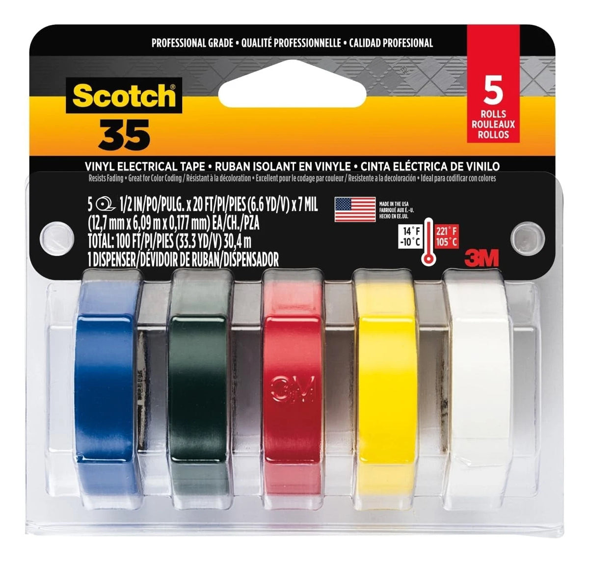 Scotch Vinyl 35 Electrical Tape, 5 Rolls, Multi-Color Pack, Ideal for Cable Jack