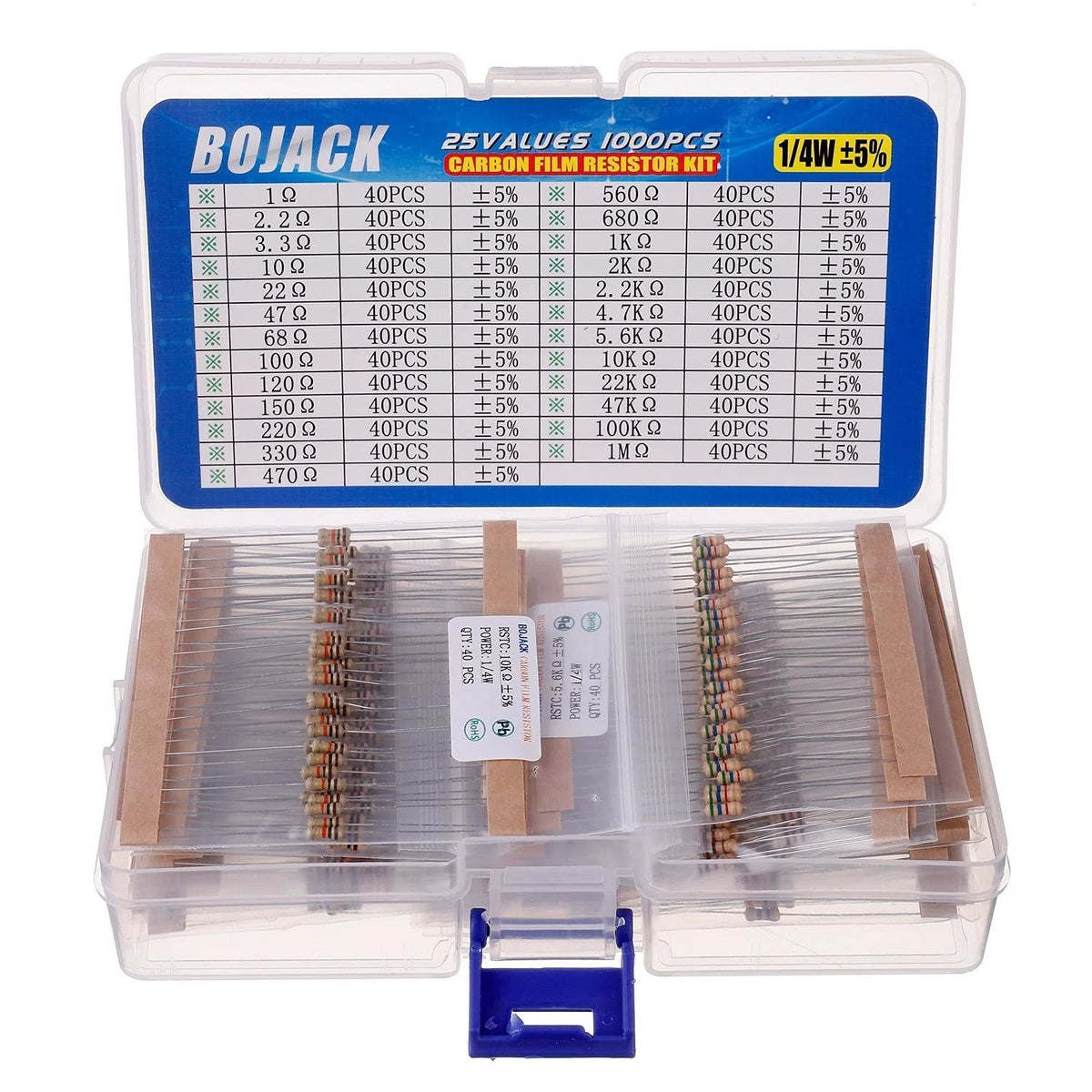 1000 Pcs 25 Values Resistor Kit 1 Ohm-1M Ohm with 5% 1/4W Carbon Film Res