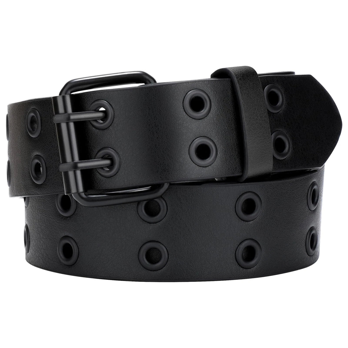 Women Double Grommet Studded Belts, Black Leather Belt for Women Men Punk belt