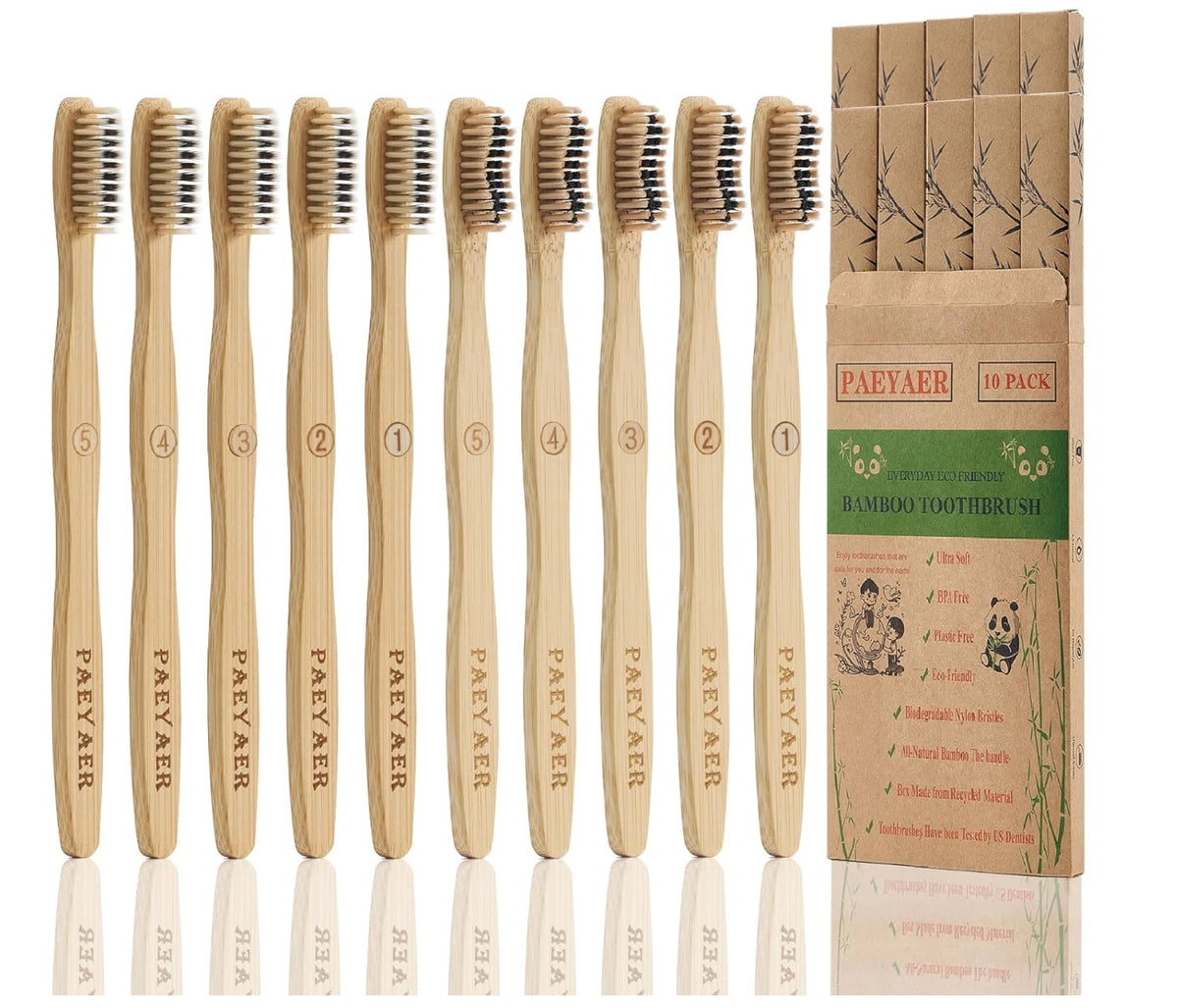 Bamboo Toothbrushes 10 Pack Biodegradable Soft Medium Charcoal Bristles
