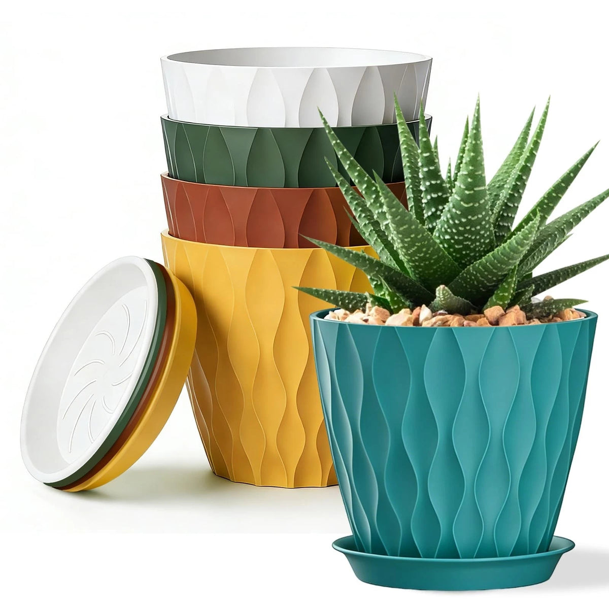 8 Inch Plastic Plant Pots,Set of 5 Flower Pots,Planters with Drainage Holes & Sa